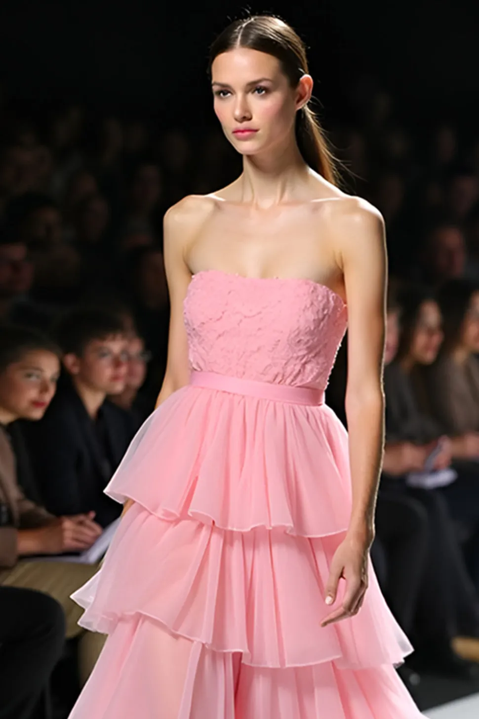 Rosa Strapless Tiered Uma Linha Vestido de Gala com Fenda