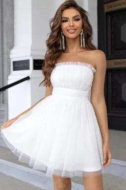 Rosa Strapless Uma Linha Tulle Vestido Curto Homecoming