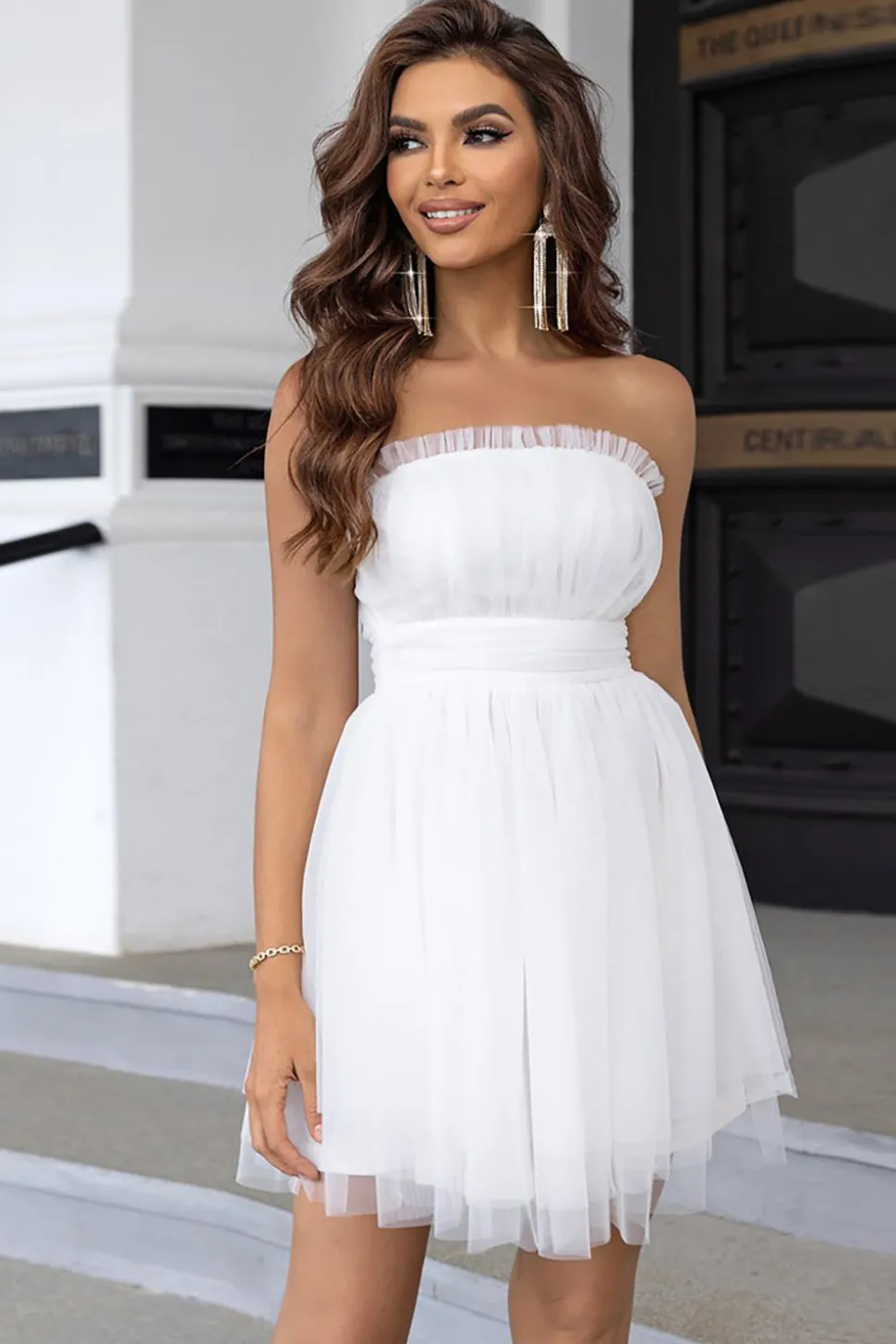 Rosa Strapless Uma Linha Tulle Vestido Curto Homecoming