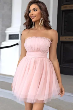Rosa Strapless Uma Linha Tulle Vestido Curto Homecoming
