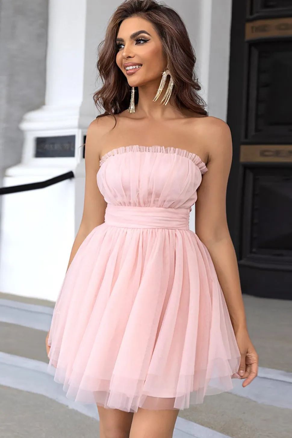 Rosa Strapless Uma Linha Tulle Vestido Curto Homecoming