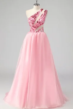 Rosa Um Ombro Oco Para Fora Uma Linha Appliques Long Prom Dress
