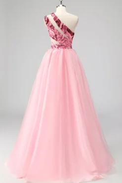 Rosa Um Ombro Oco Para Fora Uma Linha Appliques Long Prom Dress