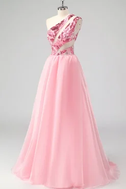 Rosa Um Ombro Oco Para Fora Uma Linha Appliques Long Prom Dress