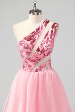 Rosa Um Ombro Oco Para Fora Uma Linha Appliques Long Prom Dress