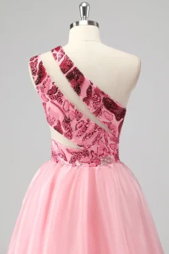 Rosa Um Ombro Oco Para Fora Uma Linha Appliques Long Prom Dress