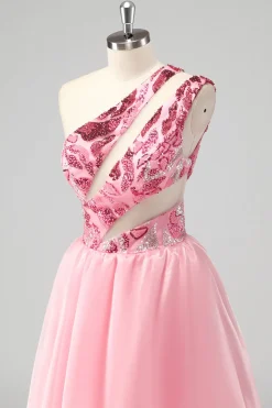 Rosa Um Ombro Oco Para Fora Uma Linha Appliques Long Prom Dress