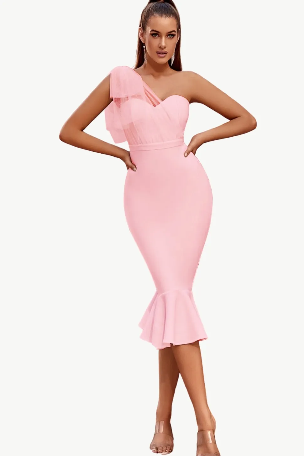 Rosa Um Ombro Sereia Midi Cocktail Dress