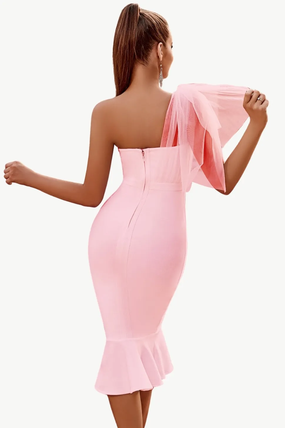 Rosa Um Ombro Sereia Midi Cocktail Dress