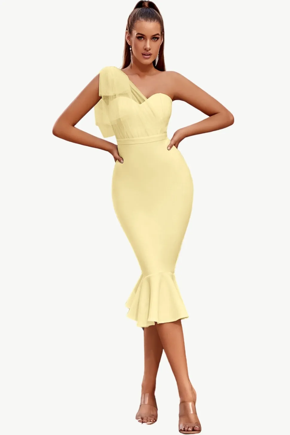 Rosa Um Ombro Sereia Midi Cocktail Dress