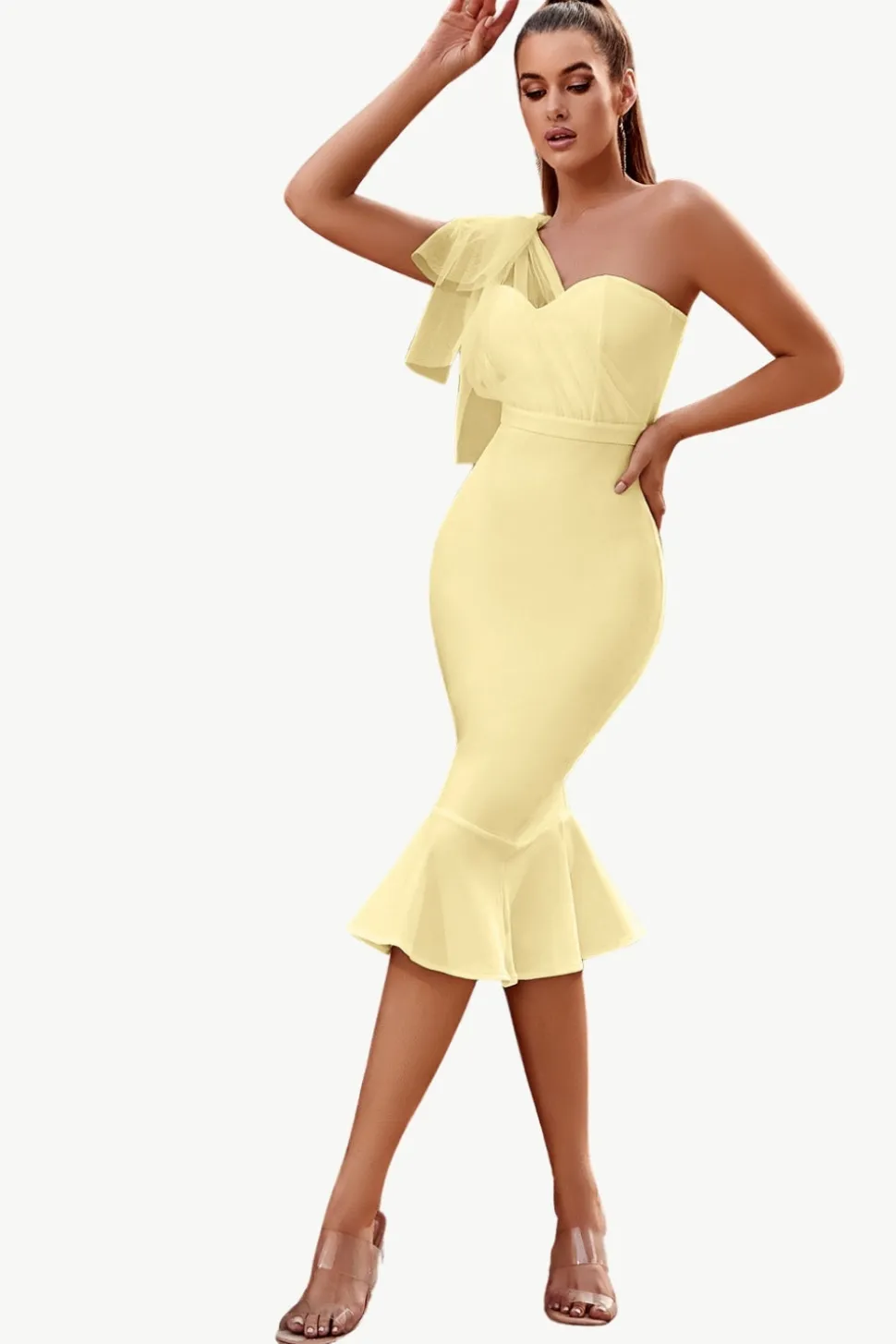 Rosa Um Ombro Sereia Midi Cocktail Dress