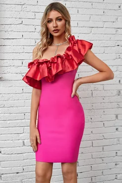 Rosa Um Ombro Vestido de Cocktail