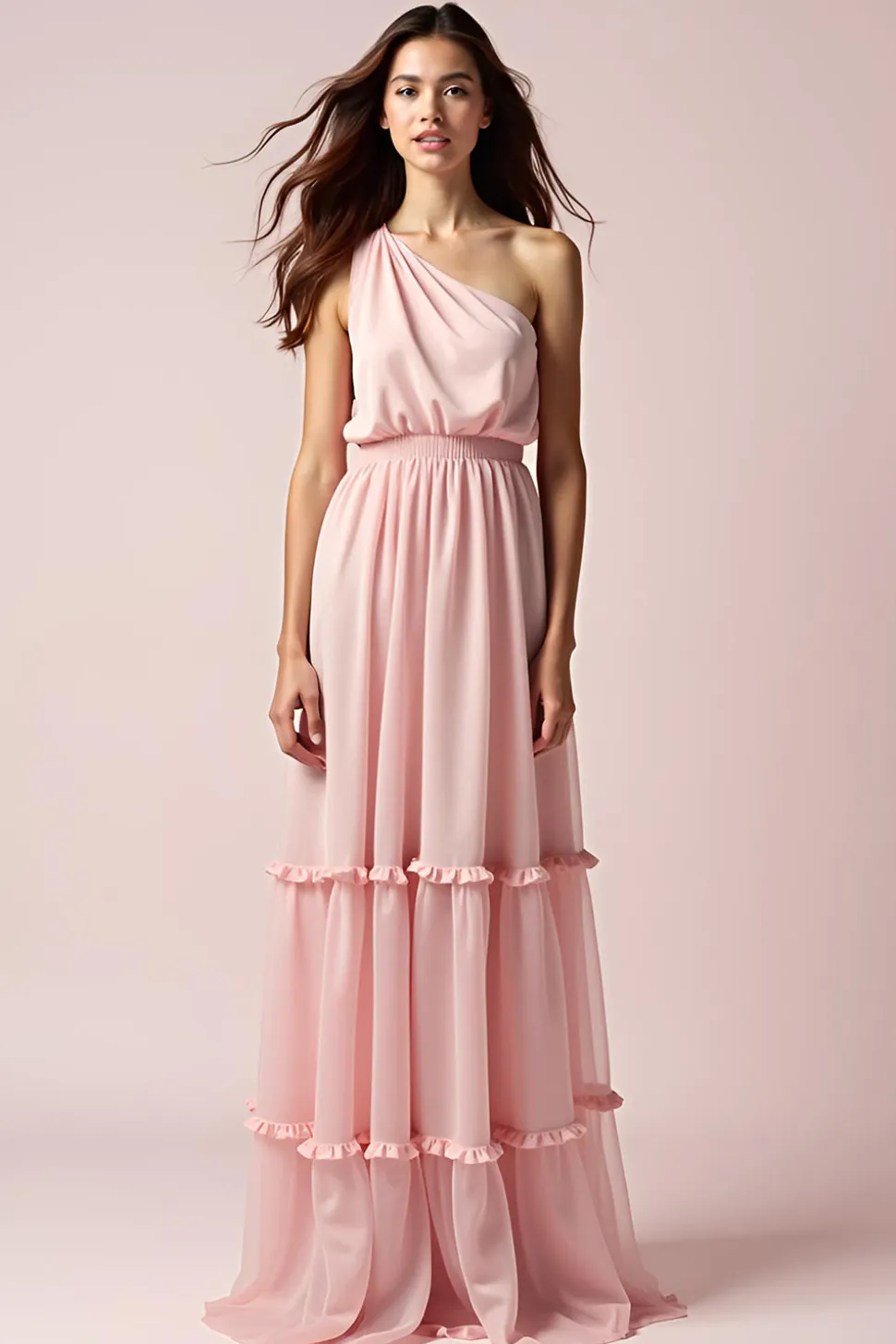Rosa Uma bainha de ombro plissado longo vestido formal