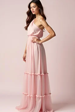 Rosa Uma bainha de ombro plissado longo vestido formal