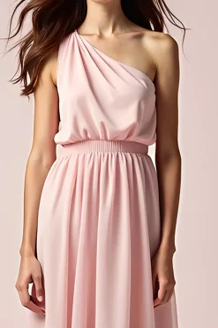 Rosa Uma bainha de ombro plissado longo vestido formal
