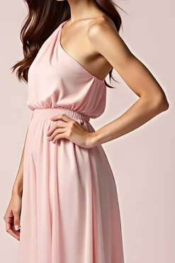 Rosa Uma bainha de ombro plissado longo vestido formal