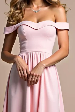Rosa Uma linha Chiffon fora do ombro longo vestido de dama de honra