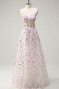 Rosa Uma Linha Esparguete Correias Florais Frisado Vestido de Baile
