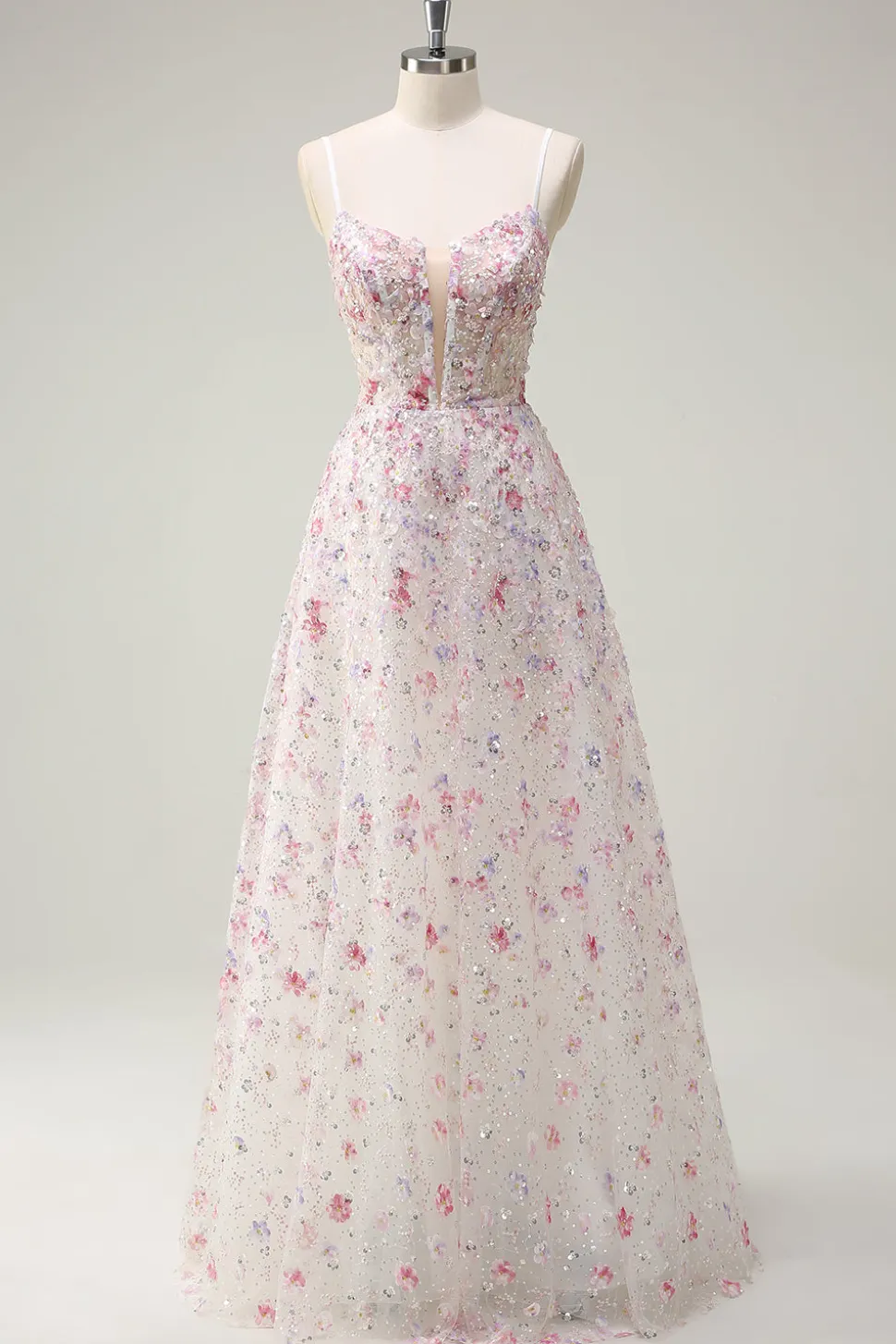 Rosa Uma Linha Esparguete Correias Florais Frisado Vestido de Baile