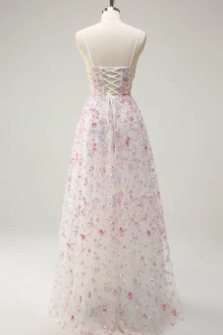 Rosa Uma Linha Esparguete Correias Florais Frisado Vestido de Baile