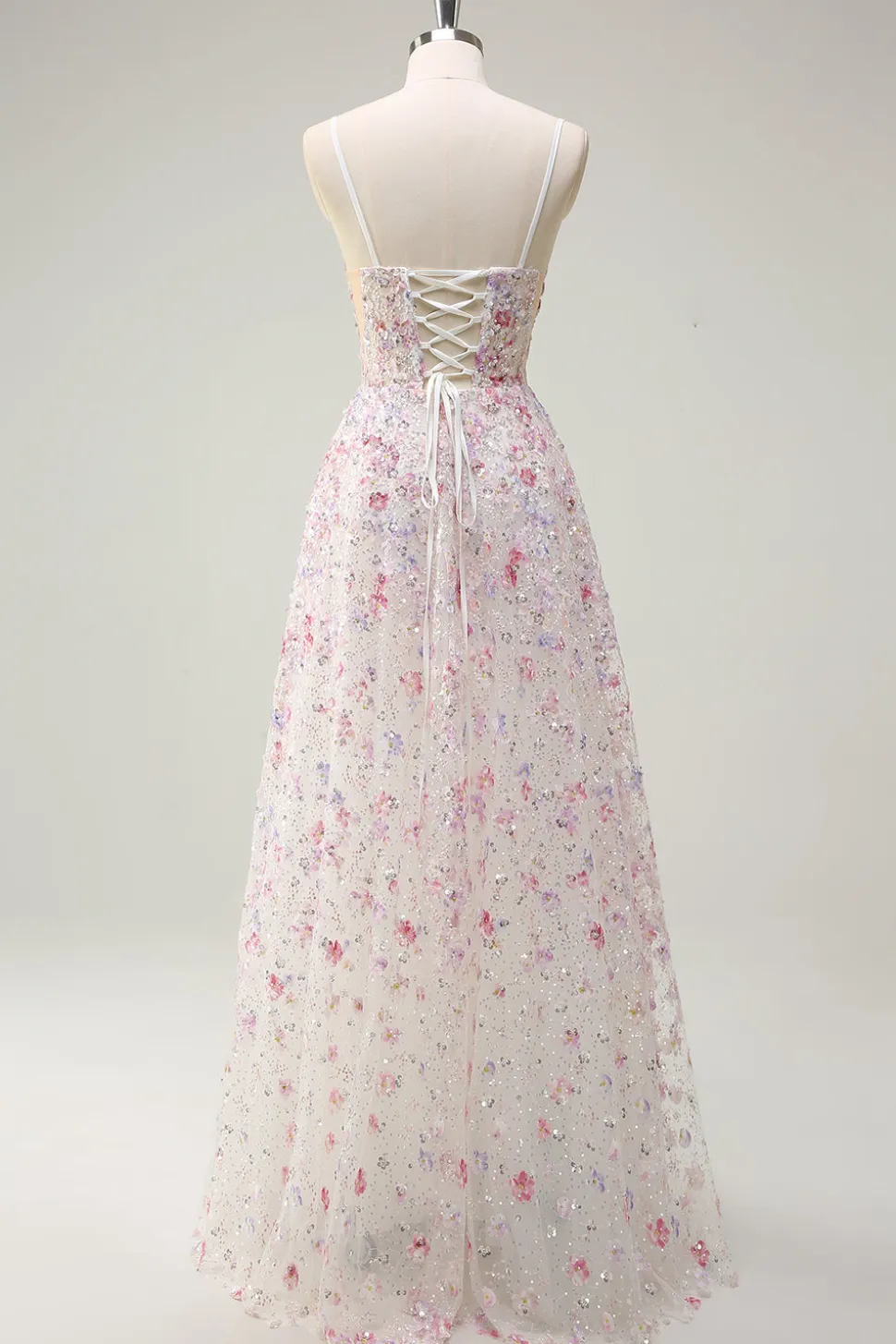 Rosa Uma Linha Esparguete Correias Florais Frisado Vestido de Baile