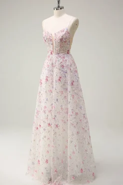 Rosa Uma Linha Esparguete Correias Florais Frisado Vestido de Baile