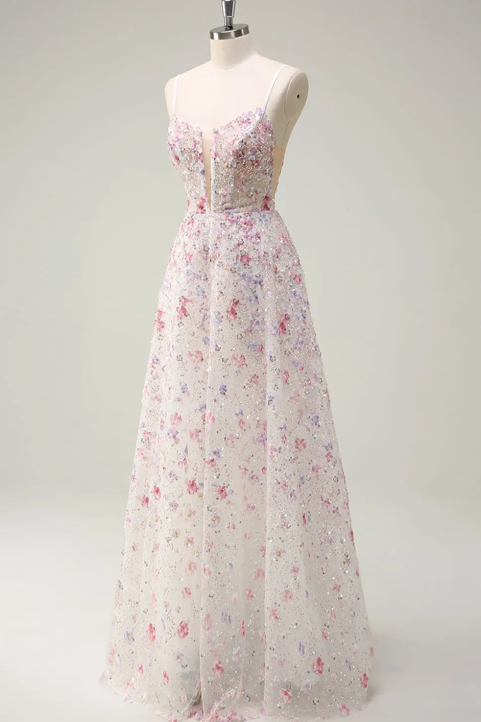 Rosa Uma Linha Esparguete Correias Florais Frisado Vestido de Baile