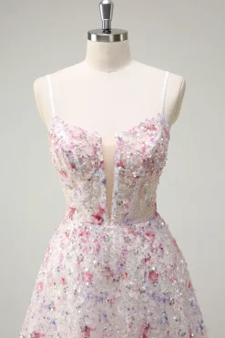 Rosa Uma Linha Esparguete Correias Florais Frisado Vestido de Baile