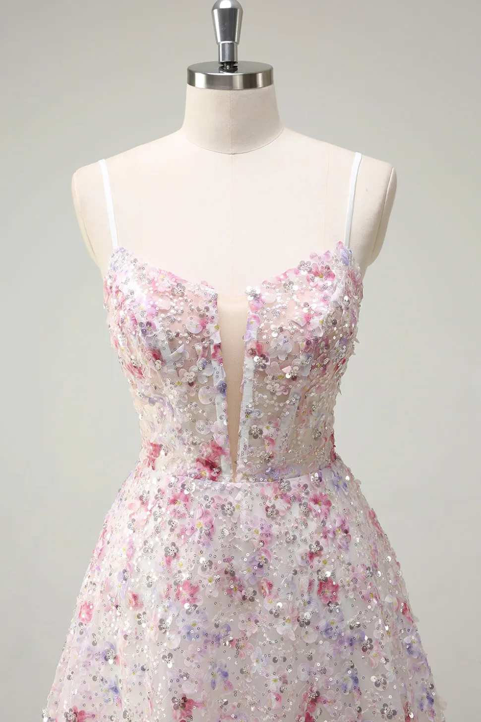 Rosa Uma Linha Esparguete Correias Florais Frisado Vestido de Baile