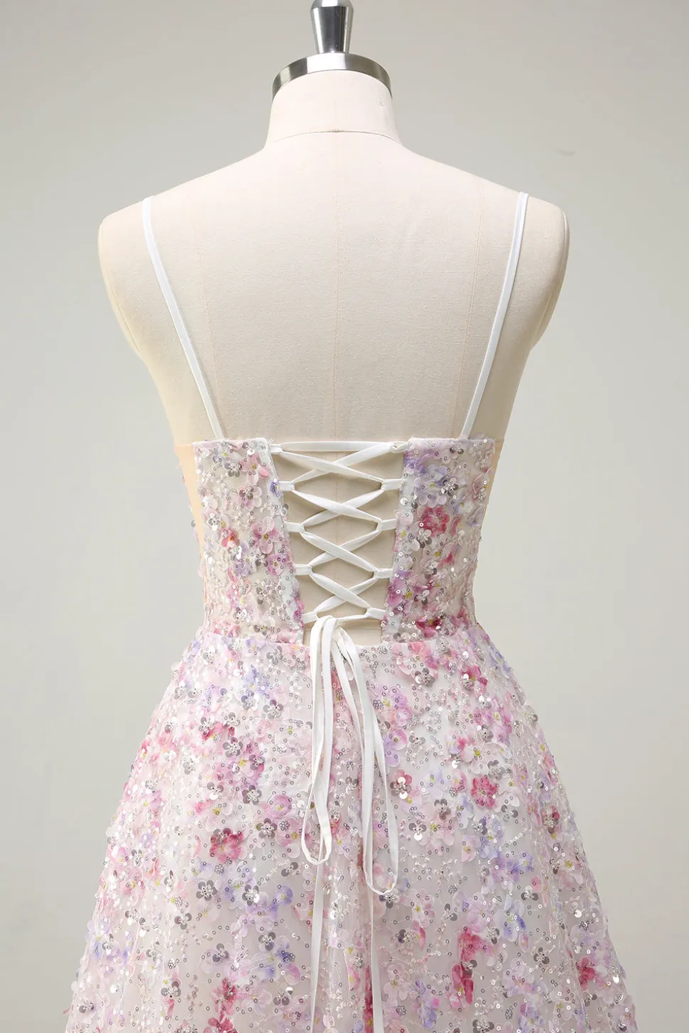 Rosa Uma Linha Esparguete Correias Florais Frisado Vestido de Baile