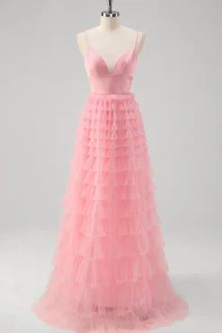 Rosa Uma Linha Esparguete Correias Tule Tiered Long Prom Dress