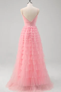 Rosa Uma Linha Esparguete Correias Tule Tiered Long Prom Dress
