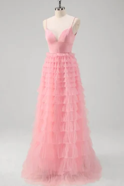Rosa Uma Linha Esparguete Correias Tule Tiered Long Prom Dress