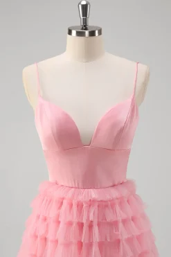 Rosa Uma Linha Esparguete Correias Tule Tiered Long Prom Dress