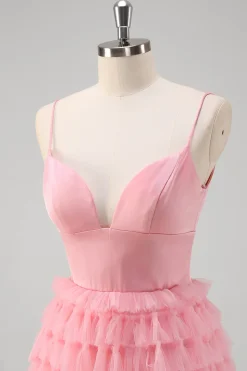 Rosa Uma Linha Esparguete Correias Tule Tiered Long Prom Dress