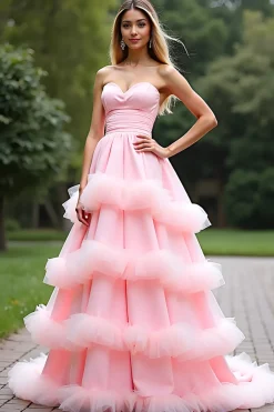 Rosa Uma Linha Querida Tiered Long Tulle Prom Dress Com Folhos