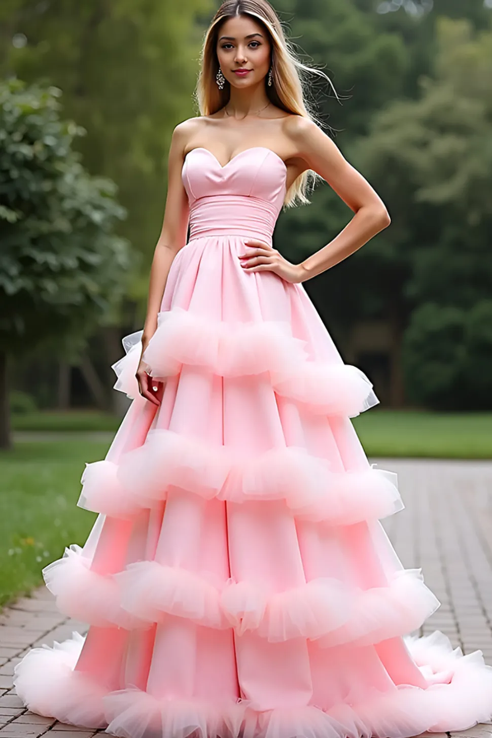 Rosa Uma Linha Querida Tiered Long Tulle Prom Dress Com Folhos