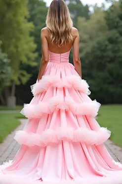 Rosa Uma Linha Querida Tiered Long Tulle Prom Dress Com Folhos