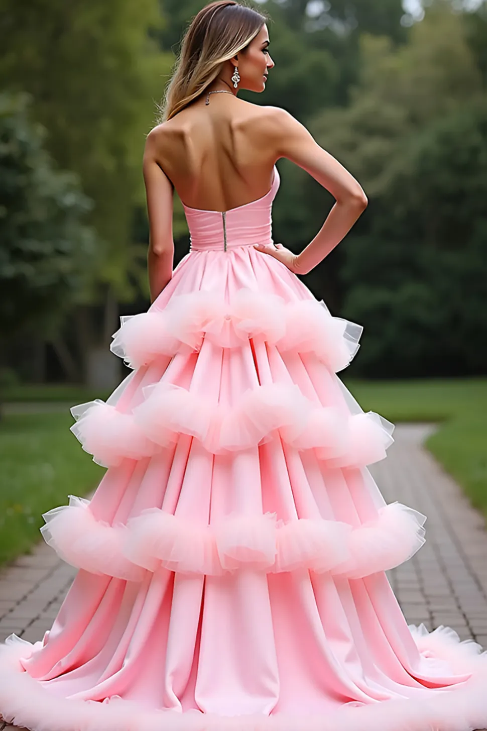 Rosa Uma Linha Querida Tiered Long Tulle Prom Dress Com Folhos