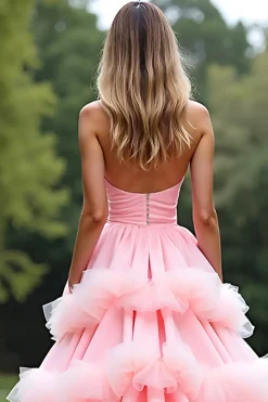 Rosa Uma Linha Querida Tiered Long Tulle Prom Dress Com Folhos