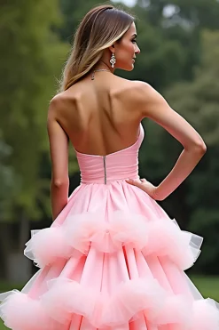 Rosa Uma Linha Querida Tiered Long Tulle Prom Dress Com Folhos