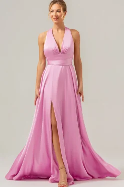 Rosa Uma Linha V-Neck Backless Cetim Long Vestido de Dama de Honra com Fenda