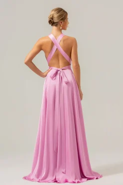 Rosa Uma Linha V-Neck Backless Cetim Long Vestido de Dama de Honra com Fenda