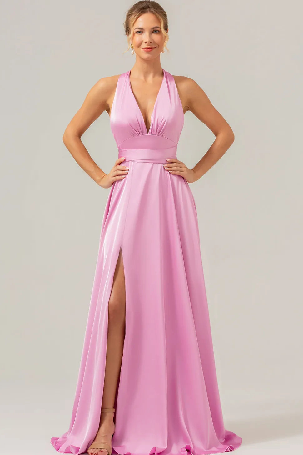 Rosa Uma Linha V-Neck Backless Cetim Long Vestido de Dama de Honra com Fenda