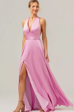 Rosa Uma Linha V-Neck Backless Cetim Long Vestido de Dama de Honra com Fenda