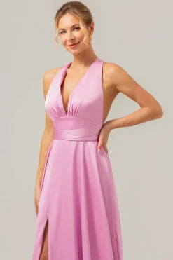 Rosa Uma Linha V-Neck Backless Cetim Long Vestido de Dama de Honra com Fenda