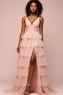 Rosa V Neck Tiered Organza Long Prom Dress com Fenda