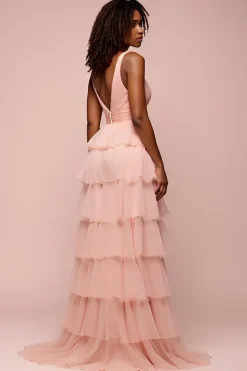 Rosa V Neck Tiered Organza Long Prom Dress com Fenda