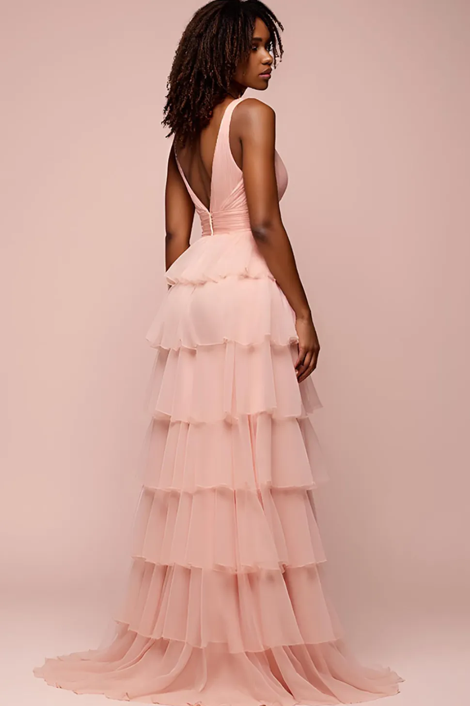 Rosa V Neck Tiered Organza Long Prom Dress com Fenda