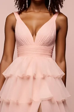 Rosa V Neck Tiered Organza Long Prom Dress com Fenda